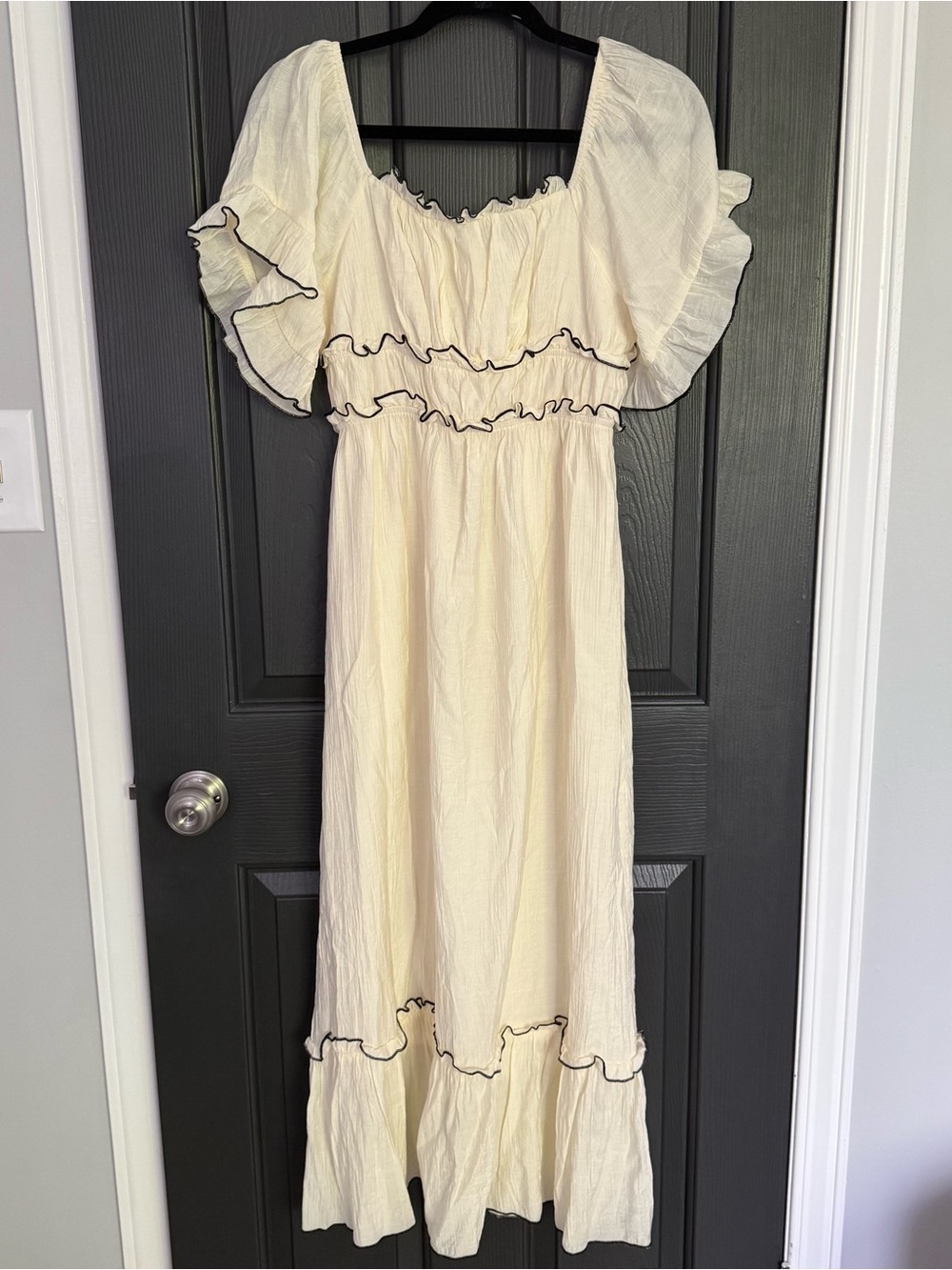 Cream Ruffle Midi Dress with Black Trim